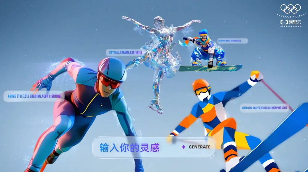 アリババクラウドのAI動画生成技術Wanxiang 2.6による冬季スポーツのイメージ