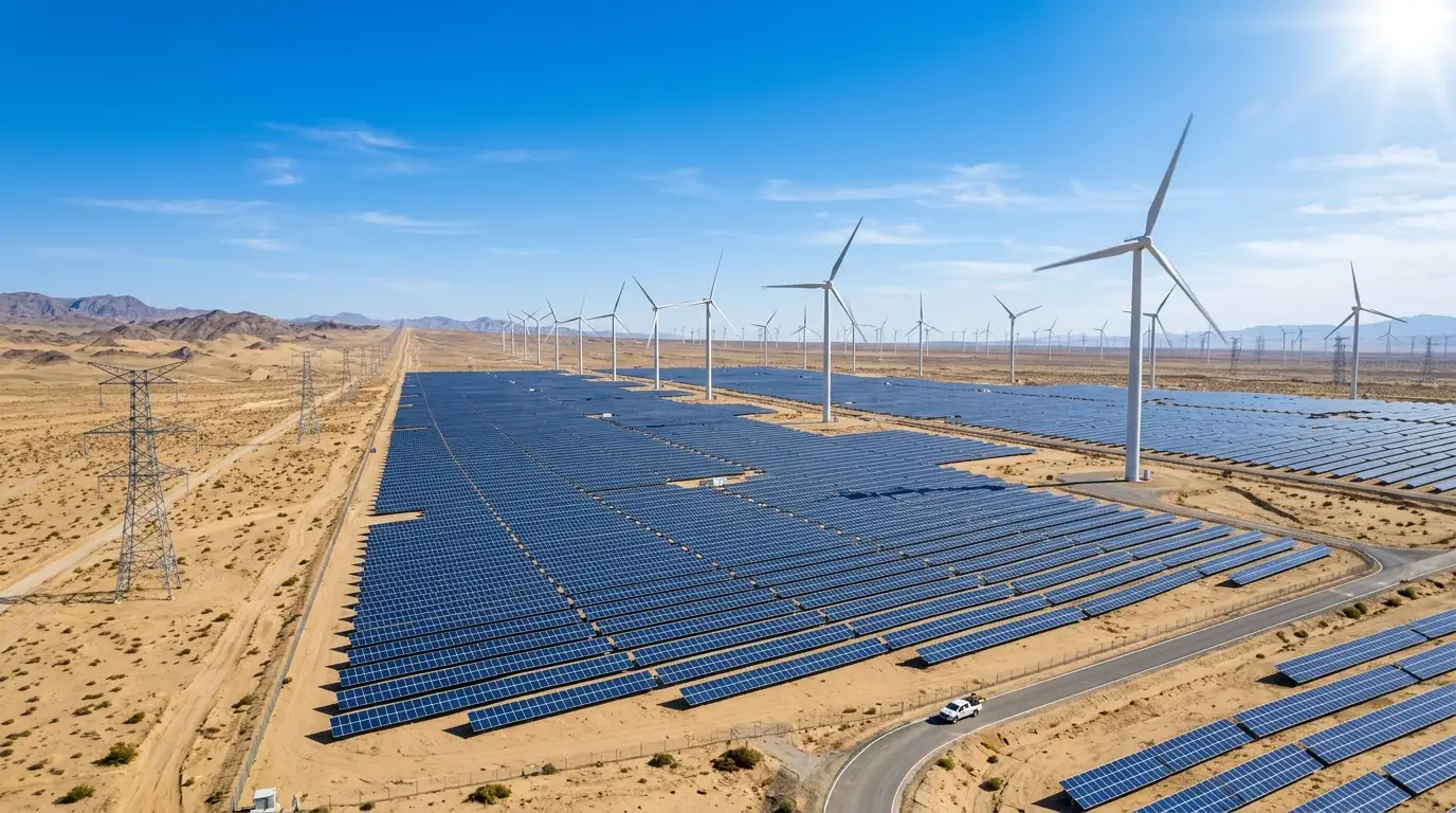 中国西部の砂漠地帯に広がる大規模な太陽光・風力発電基地