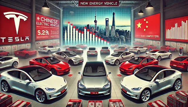 中国市場におけるテスラと現地競合の激しい競争のイラスト