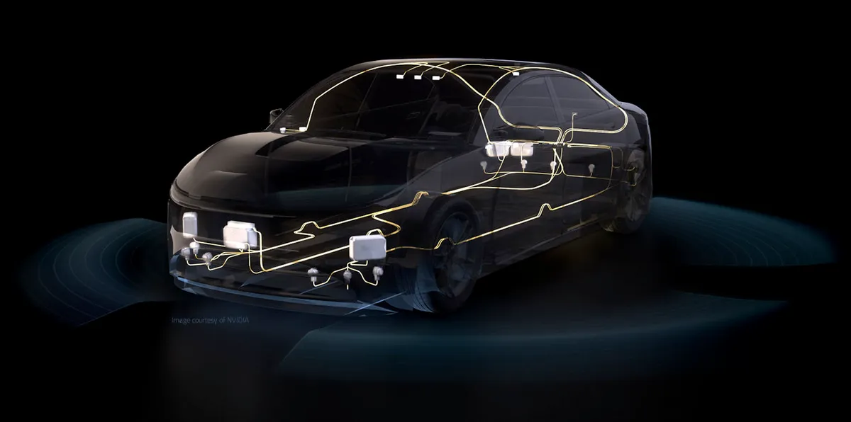 NVIDIA DRIVE Hyperion自動運転プラットフォームにおける車載カメラ・センサー配置のイメージ図