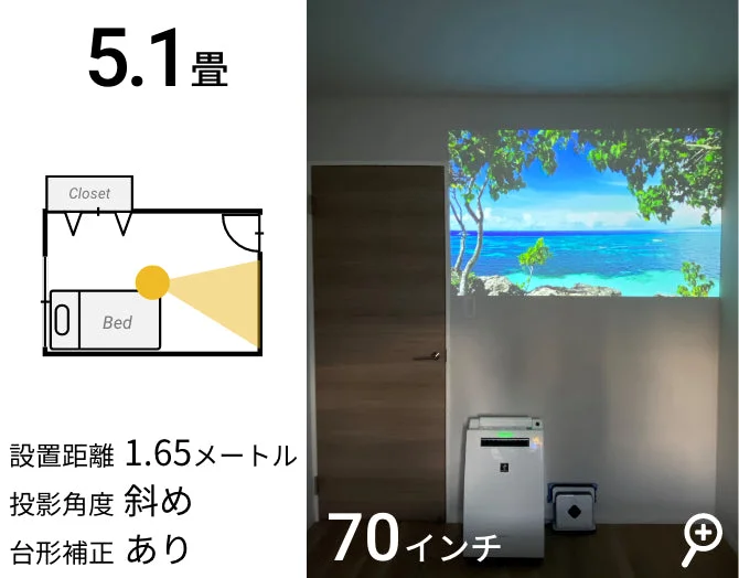 日本の住環境(5.1畳)におけるAladdin Xの斜め台形補正と壁面投影の実例